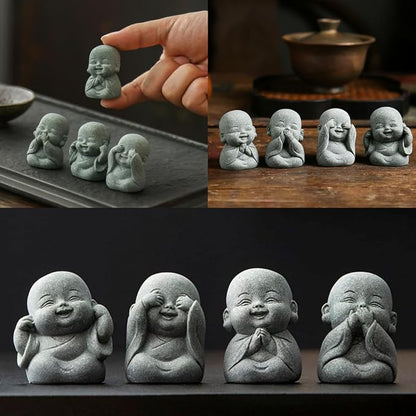 4-in-1 Laughing Buddha Statue Decor Set Small Zen Monk Sandstone Buddha Sculpture Feng Shui Ornaments for Outdoor Gardens & Indoor Meditation Rooms,Micro Landscape Decor Fish Tank Aquarium Decoration