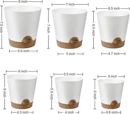 YNNICO Indoor Self Watering Planters with Drainage Holes and Saucers, 8, 7, 6.5, 6, 5.5, 5 Inches, White, 6 Pots