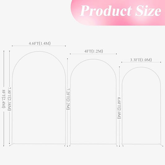 Wokceer White Metal Wedding Arch Stand Set of 3 Sizes 8FT, 7.2FT, 6.6FT for Wedding Ceremony, Baby Shower, Birthday Party, Garden Decoration