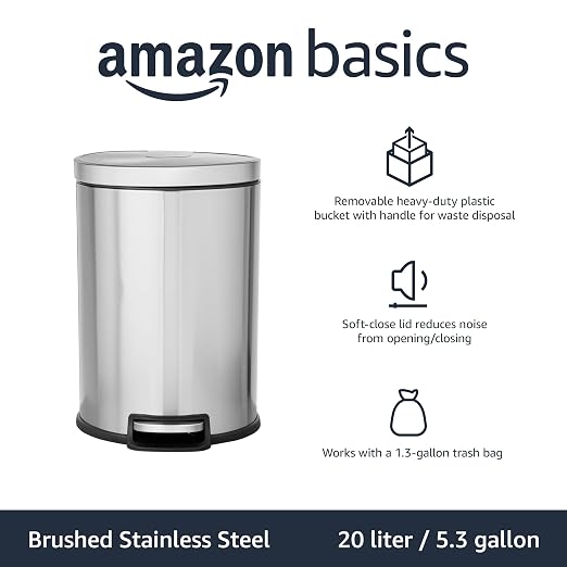 Amazon Basics Round Cylindrical Trash Can with Soft-Close Lid, Foot Pedal, Removable Inner Bucket, Smudge Resistant, 20 l/5.3 gallon, Brushed Stainless Steel