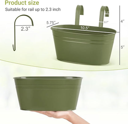 Dahey 10.5 Inch Metal Iron Hanging Flower Pots for Railing Fence Hanging Bucket Pots Countryside Style Outdoor Planter Window Flower Plant Holder with Detachable Hooks Home Decor,Green,3 Pcs