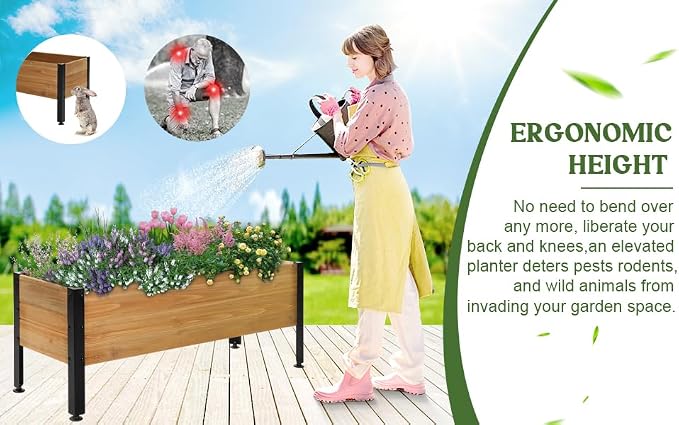 Wooden Rectangular Flower Box with Short Iron Legs, Planting Bed for Flowers and Vegetables, Suitable for Garden and Balcony. Dimensions: 19.7x13.9x12.5 inches
