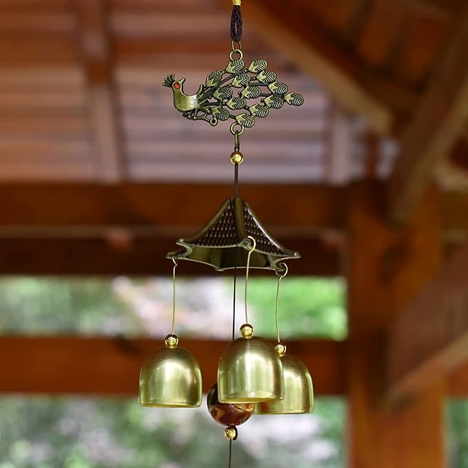 Auspicious Peacock with Energy Bead Wind Chimes Represents Lucky&Happy Life Copper Alloy 3 Layers+9 Bells for Outdoor Decorations Garden Yard Trees Or As A Good Gift