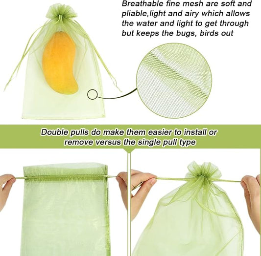 100pcs Fruit Protection Bags 8x12 inch, Green Netting Cover Bags Drawstring Mesh Fruit Protectors Pest Barrier for Grapes Mango Trees Veggies Garden