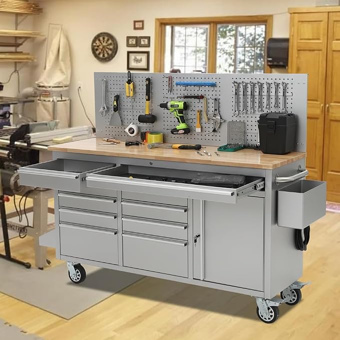 PeakPursuit 61" Rolling Tool Chest with 10 Drawers, Workbench Cabinet with Power Strip, Solid Rubber Wood Top, Pegboard, 1675 LBS Load, Mobile Heavy Duty Garage Storage, Locking Wheels, Silver