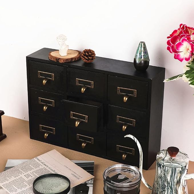 Apothecary Drawers Apothecary Cabinet with Drawers, Black | 9 Drawer Library Card Catalog, Wooden Storage Box, Wooden Desktop Organizer with Metal Handles-Fulled Assembled