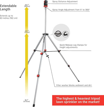Eden 94152 PRO Heavy Weight Telescoping Tripod (5.37 lbs) Multi-Pattern Turbo Gear Drive Sprinkler, w/Quick Connect Starter Kit, 360 Degree Coverage