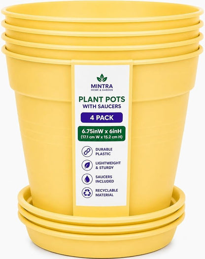 Mintra Garden Pots, 4 Pack Bulk Plastic Plant Pots with Drainage Tray, Round Indoor & Outdoor Decorative Planters with Drain Holes for Flowers, Herbs & Plants, 17cm Diameter – Yellow, 6.6 in
