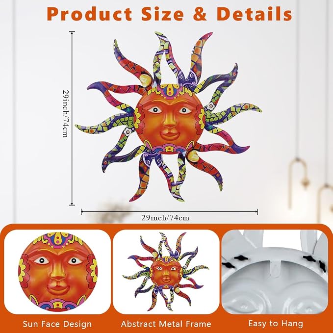 VEWOGARDEN Sun Outdoor Wall Decor, 29" Waterproof Large Metal Wall Art for Home Outside Patio Garden Fence Decorations, Colorful
