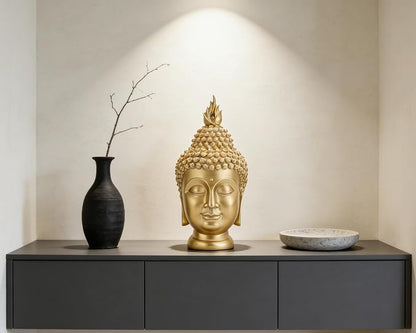 Buddha Head Statue (Gold), Ideal for Zen Space, Spiritual Decor, Buddhism Religious Room Decoration