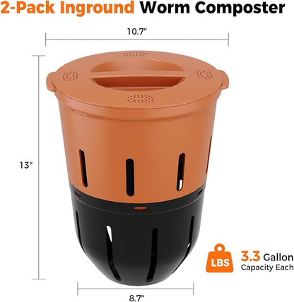 In-Ground Worm Compost Bin, 2 Pack 3.3 Gallon Worm Composter for Raised Garden Beds, BPA-Free Worm Compost Bin for Recycling Food Waste, Low-Maintenance Outdoor Composting System