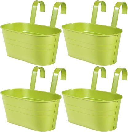 OBTANIM 4 Pack Metal Hanging Flower Pots Iron Railing Planter Outdoor Fence Hanging Pots Bucket Plant Holder with Detachable Hooks Drain Holes for Home Garden Yard Decor (Green)