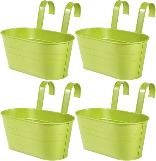 OBTANIM 4 Pack Metal Hanging Flower Pots Iron Railing Planter Outdoor Fence Hanging Pots Bucket Plant Holder with Detachable Hooks Drain Holes for Home Garden Yard Decor (Green)