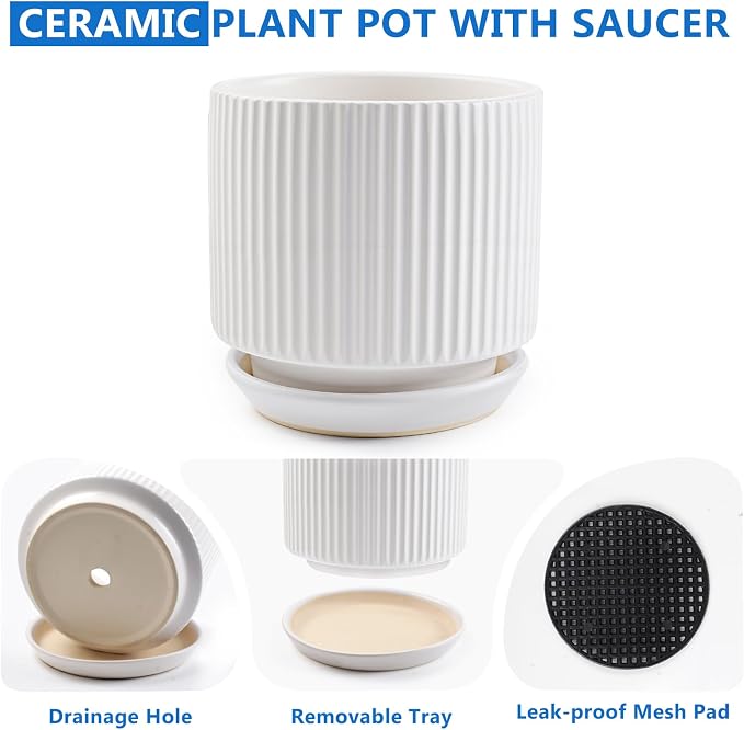 Ceramic-5.1-inch-Flower-Pots-with-Saucer, Small Planters for Indoor Plants with Drainage Hole, White Textured Vertical Stripe Plant Pots for Home Decor, Garden Pot For Succulent Cactus Mint Basil Herb