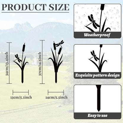 WADORN 2Pcs Cattail Reeds & Dragonfly Metal Decorative Garden Stakes, Black Cattails Silhouette Outdoor Statues Rustic Garden Ornament Gifts Yard Art Decor Stakes for Outdoor Backyard Lawn Walkways