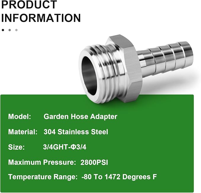 TAISHER 1PCS 3/4" Stainless Steel Garden Hose Barb x 3/4" GHT Male Adapter with Hose Clamps