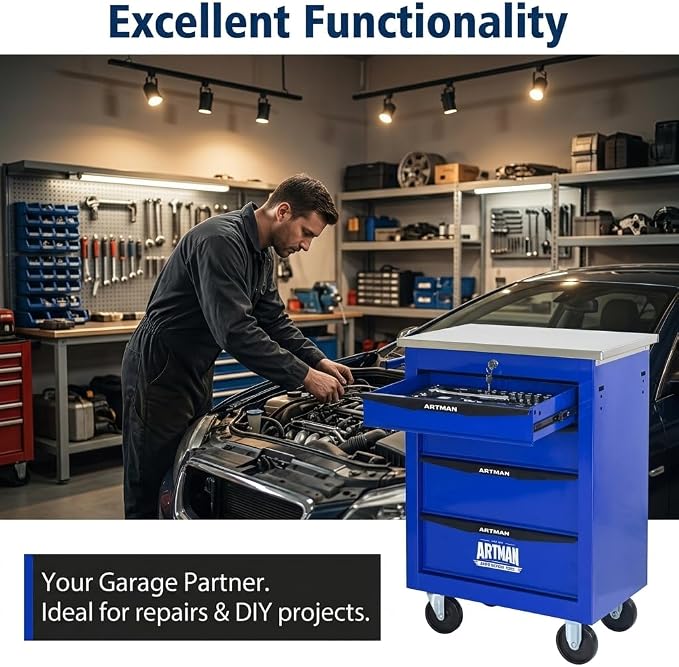 4-Drawer Rolling Tool Chest, Lockable Stainless Worktop for Garage, Blue | Heavy Duty Metal Tool Cabinet with Drawers on Wheels for Warehouse and Workshop Storage