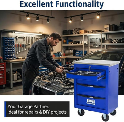 4-Drawer Rolling Tool Chest, Lockable Stainless Worktop for Garage, Blue | Heavy Duty Metal Tool Cabinet with Drawers on Wheels for Warehouse and Workshop Storage