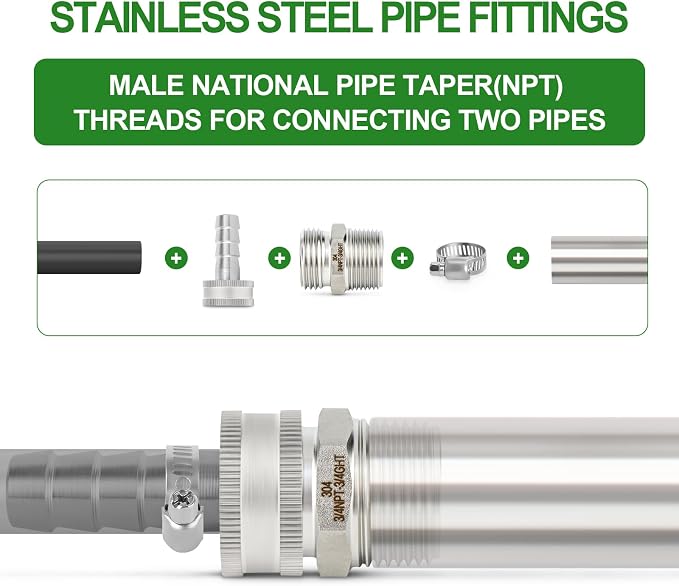 TAISHER 5PCS 304 Stainless Steel Garden Hose Adapter, 3/4" GHT Male x 3/4" NPT Male Garden Hose Connector with Washers