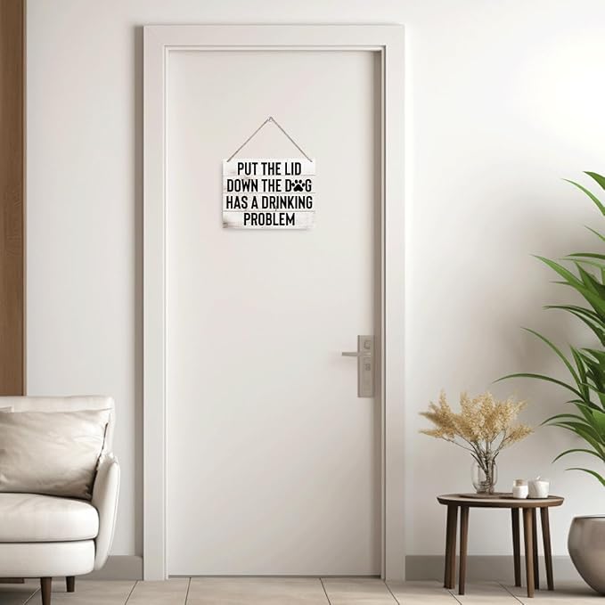 Funny Bathroom Wood Sign - Put the Lid Down the Dog Has a Drinking Problem, Signs for Bathroom Restroom Wall Art Decor, Farmhouse Rustic Wood Hanging Decor for Laundry Room Home