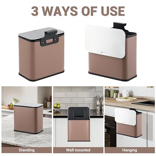 1.3 Gallon/5L Slim Stainless Steel Trash Can with Lid, Odor Control Charcoal Filter, Removable Bucket, Hanging/Wall Mounted/Standing Waste Bin for Kitchen, Bathroom, Bedroom, Office - Brown
