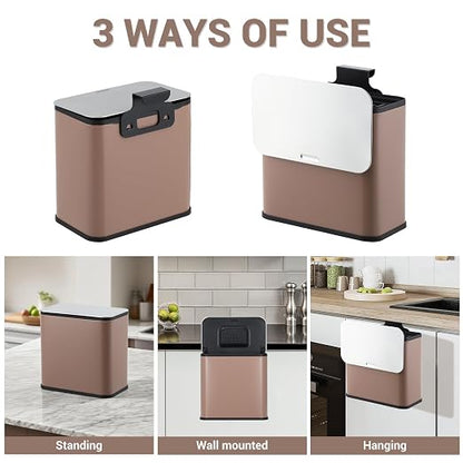 1.3 Gallon/5L Slim Stainless Steel Trash Can with Lid, Odor Control Charcoal Filter, Removable Bucket, Hanging/Wall Mounted/Standing Waste Bin for Kitchen, Bathroom, Bedroom, Office - Brown