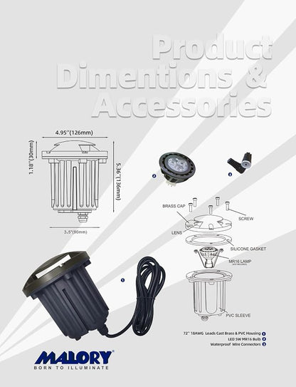 MALORY Brass Top Cover Landscape Well Lights,(φ126 mm) 12V Low Voltage Outdoor In Ground Lights,Landscape Lighting for Pathway, Driveway and Garden (Two-Direction Turret, 10-Pack with Bulb)