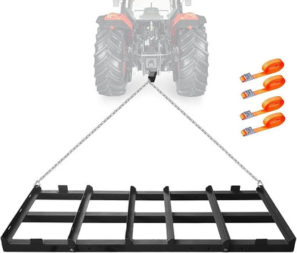 GarveeLife Drag Harrow Lawn Tractor, 4Ft Heavy Duty Driveway Drag with Chain for Gravel, 4 Safety Belts, Tow Behind Lawn Rake for ATV, Farm Field Garden