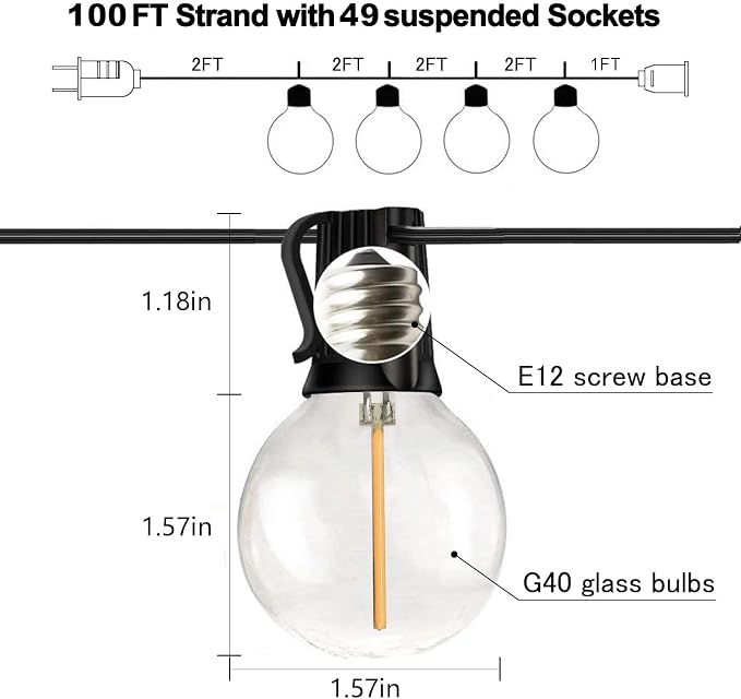 Banord 100FT G40 Globe String Lights, 2700K LED Outdoor Patio Lights String with 50 Dimmable Shatterproof Bulbs, Waterproof Connectable Hanging Lights for Backyard Porch Balcony Party, E12 Socket Base