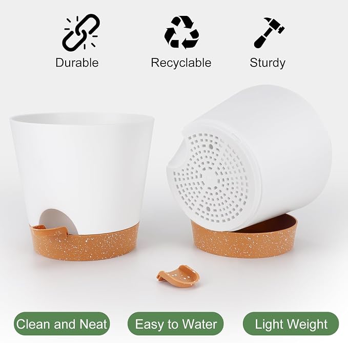 YNNICO 8-Inch Plant Pots, Self-Watering Planters with Drainage Holes & Saucers for Indoor and Outdoor Plants (2-Pack, White)