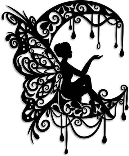 LIYOUYA Moon Flower Fairy Metal Wall Decor - Rustic Farmhouse Room Decor Black Wall Art Home Decor for Living Room, Bedroom, Outdoor (Black)