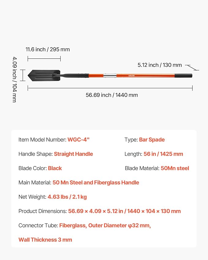 VEVOR Trench Shovel, 4 in Blade Heavy-Duty Trenching Shovel, Narrow Spade Trench Digger with Fiberglass Handle and Non-Slip Grip, for Gardening, Digging Holes, Trenching, and Planting, 56 in Long