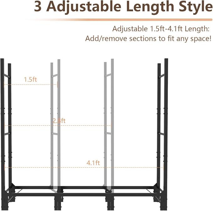 C-Hopetree 4Ft Outdoor Indoor Firewood Rack, Adjustable Metal Log Holder for Fireplace, Heavy Duty Wood Pile Storage Organizer Stacker Stand, Black
