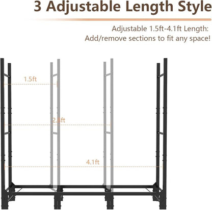 C-Hopetree 4Ft Outdoor Indoor Firewood Rack, Adjustable Metal Log Holder for Fireplace, Heavy Duty Wood Pile Storage Organizer Stacker Stand, Black