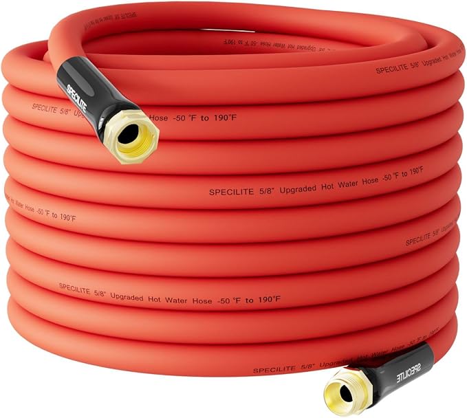 SPECILITE 5/8" Hot/Cold Rubber Garden Water Hose 100ft, -50℉-190℉, 200psi Working, 600psi Burst, Flexible & Lightweight With 3/4" Brass Fittings for Yard, Outdoor, Farm, Agriculture, Construction, Red