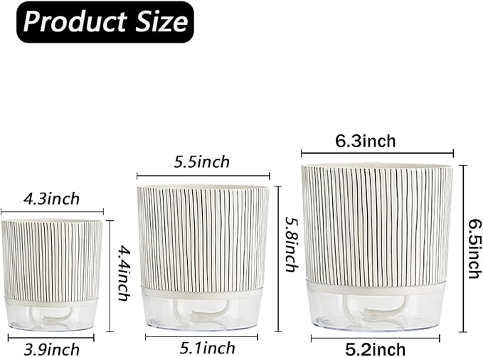 3 Pack 4.3+5.5+6.3 Inch Self Watering Pots Set, Self Watering Planter with Reservoir and Wick Rope for Indoor/Outdoor Plants, Modern Houseplants Pots for African Violets,Cactus,Succulents