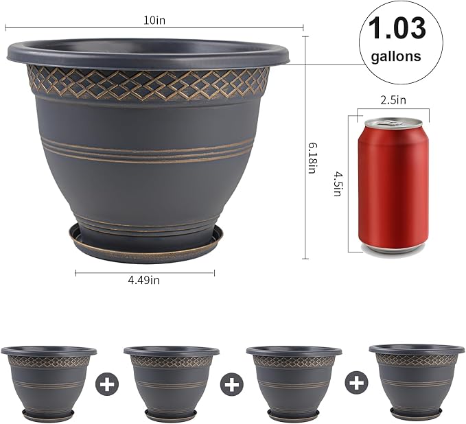 Usocik 10 Inch Plaid Plant Pots 4 Pack with Drainage and Saucers Gold | Gold plaid PP pots with drainage holes and saucers for herbs flowers succulents indoor patio porch