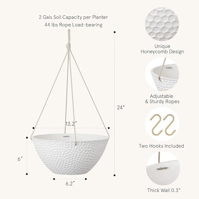 LA JOLIE MUSE Hanging Planters for Outdoor Plants, Large Hanging Planter with Drain Holes, Outdoor Hanging Flower Pots, White Stone, Honeycomb (13.2 Inch, Set of 2)