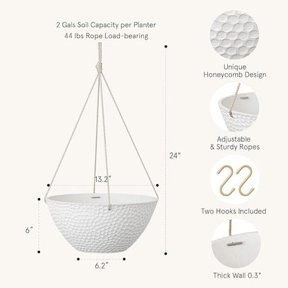 LA JOLIE MUSE Hanging Planters for Outdoor Plants, Large Hanging Planter with Drain Holes, Outdoor Hanging Flower Pots, White Stone, Honeycomb (13.2 Inch, Set of 2)