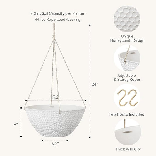 LA JOLIE MUSE Hanging Planters for Outdoor Plants, Large Hanging Planter with Drain Holes, Outdoor Hanging Flower Pots, White Stone, Honeycomb (13.2 Inch, Set of 2)