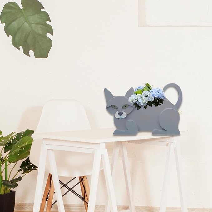 British Short Cat Planter, 12.5 x 5.12 x 7.8 Inches | Dog Flower Pot, Cute Animal Shaped Plant Pot, Gifts for Women & Pet Lovers, Indoor Outdoor Garden Home Office Decor