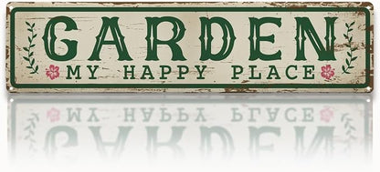 Garden Metal Tin Sign, My Happy Place Sign, Vintage Farmhouse Outdoor Wall Decor, for Porch Patio Fence, Gift for Rustic Garden Shed Decor, 15.7 x 3.9 Inches