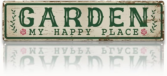 Garden Metal Tin Sign, My Happy Place Sign, Vintage Farmhouse Outdoor Wall Decor, for Porch Patio Fence, Gift for Rustic Garden Shed Decor, 15.7 x 3.9 Inches