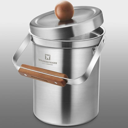 WAGENSTEIGER Kitchen Countertop Compost Bin 101ounces / 3Liters with Airtight Lid, SUS304 Stainless Steel Odor-Free Food Waste Bin with Wooden Handle Stylish Design/Bathroom Trash Can (Silver)