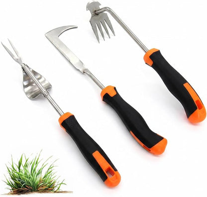 3 Pcs Garden Weeding Tool Set - Stainless Steel Manual Weed Puller with Non-Slip Handle for Yard Lawn Farm