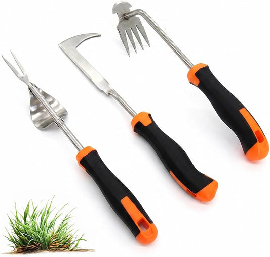 3 Pcs Garden Weeding Tool Set - Stainless Steel Manual Weed Puller with Non-Slip Handle for Yard Lawn Farm