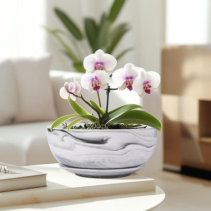 G EPGardening Bonsai Pots, 8 Inch Marble Pattern Ceramic Succulent Pot with Drainage Hole and Plant Saucer, Large Round Planter for Indoor Outdoor Plants, Modern Flower Pot, Plants Lovers Gifts, Grey