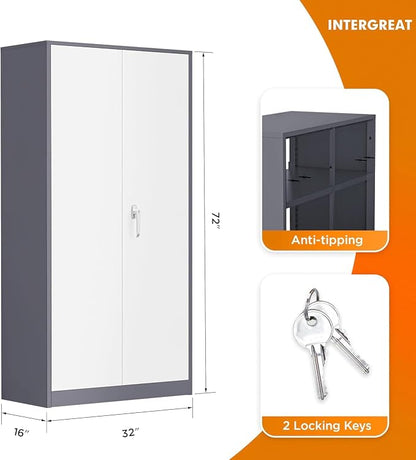 INTERGREAT Metal Storage Cabinet Doors, 72" Locking Steel Storage Cabinet with Shelves, Tall Lockable Steel Cabinets for Home Office, Garage(New Grey)