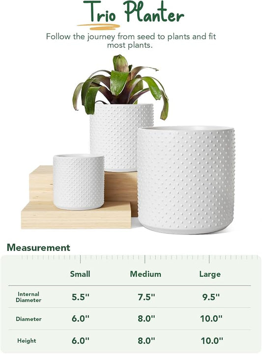 LE TAUCI 10+8+6 Inch Ceramic Pots for Plants, Indoor Planters with Drainage Hole and Plug, Raised Dots Cylinder Flower Pots Set of 3 for Living Room and Bedroom, Matte, White