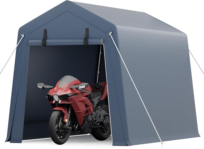 GarveeLife 6x8 FT Outdoor Storage Shed, Portable Carport with Roll-up Ventilated Zipper Door and Windows, Heavy Duty Waterproof Tarp, Storage Sheds for Motorcycle, Bike, Firewood, Garden Tools